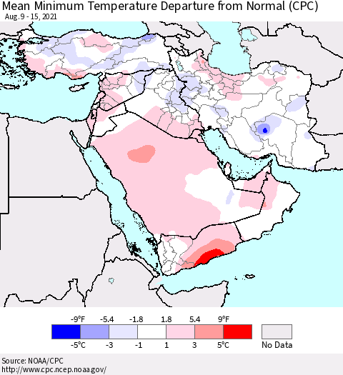 Middle East and Turkey Mean Minimum Temperature Departure from Normal (CPC) Thematic Map For 8/9/2021 - 8/15/2021