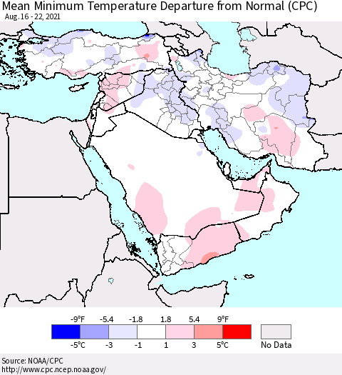 Middle East and Turkey Mean Minimum Temperature Departure from Normal (CPC) Thematic Map For 8/16/2021 - 8/22/2021