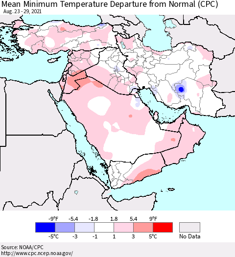 Middle East and Turkey Mean Minimum Temperature Departure from Normal (CPC) Thematic Map For 8/23/2021 - 8/29/2021