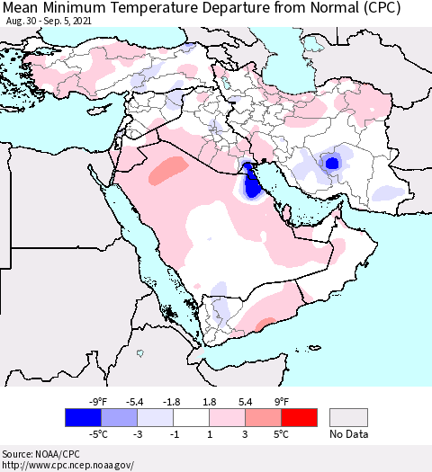 Middle East and Turkey Mean Minimum Temperature Departure from Normal (CPC) Thematic Map For 8/30/2021 - 9/5/2021