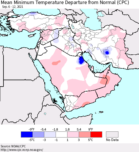 Middle East and Turkey Mean Minimum Temperature Departure from Normal (CPC) Thematic Map For 9/6/2021 - 9/12/2021