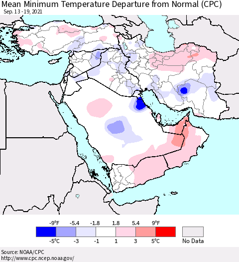Middle East and Turkey Mean Minimum Temperature Departure from Normal (CPC) Thematic Map For 9/13/2021 - 9/19/2021