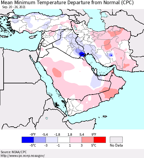 Middle East and Turkey Mean Minimum Temperature Departure from Normal (CPC) Thematic Map For 9/20/2021 - 9/26/2021
