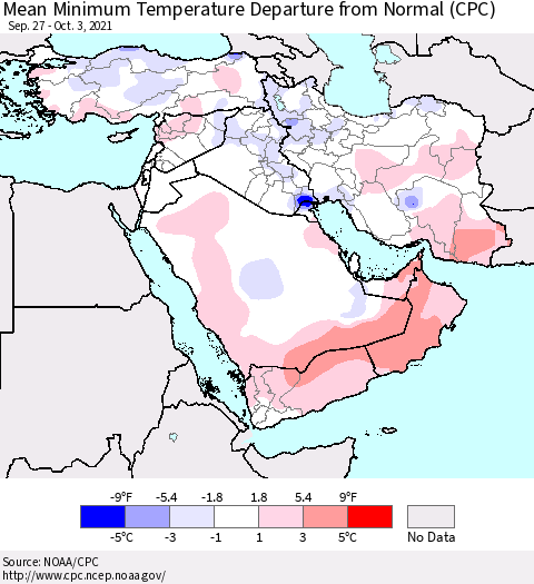 Middle East and Turkey Mean Minimum Temperature Departure from Normal (CPC) Thematic Map For 9/27/2021 - 10/3/2021