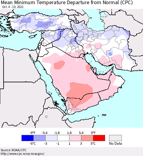 Middle East and Turkey Mean Minimum Temperature Departure from Normal (CPC) Thematic Map For 10/4/2021 - 10/10/2021