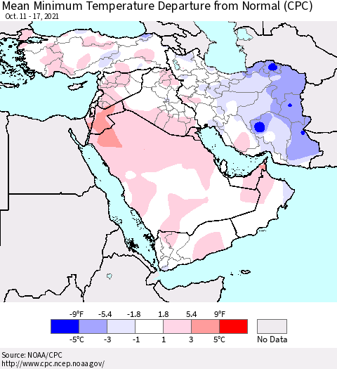 Middle East and Turkey Mean Minimum Temperature Departure from Normal (CPC) Thematic Map For 10/11/2021 - 10/17/2021