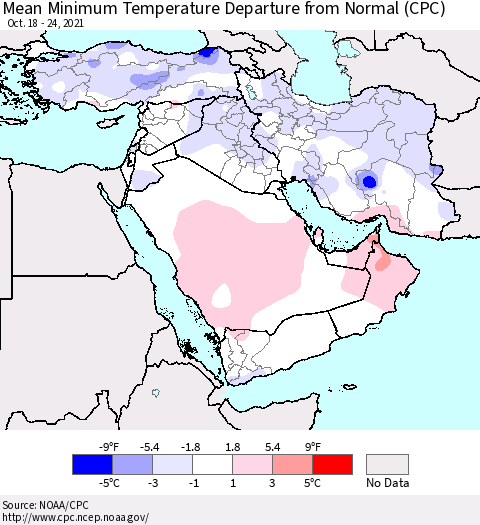 Middle East and Turkey Mean Minimum Temperature Departure from Normal (CPC) Thematic Map For 10/18/2021 - 10/24/2021