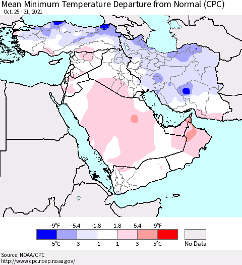 Middle East and Turkey Mean Minimum Temperature Departure from Normal (CPC) Thematic Map For 10/25/2021 - 10/31/2021