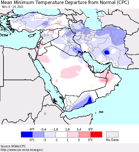 Middle East and Turkey Mean Minimum Temperature Departure from Normal (CPC) Thematic Map For 11/8/2021 - 11/14/2021