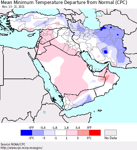 Middle East and Turkey Mean Minimum Temperature Departure from Normal (CPC) Thematic Map For 11/15/2021 - 11/21/2021