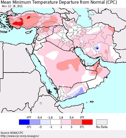 Middle East and Turkey Mean Minimum Temperature Departure from Normal (CPC) Thematic Map For 11/22/2021 - 11/28/2021