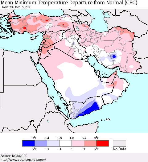 Middle East and Turkey Mean Minimum Temperature Departure from Normal (CPC) Thematic Map For 11/29/2021 - 12/5/2021
