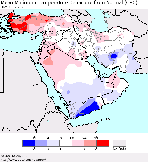Middle East and Turkey Mean Minimum Temperature Departure from Normal (CPC) Thematic Map For 12/6/2021 - 12/12/2021