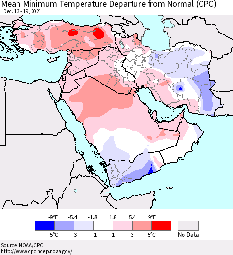Middle East and Turkey Mean Minimum Temperature Departure from Normal (CPC) Thematic Map For 12/13/2021 - 12/19/2021