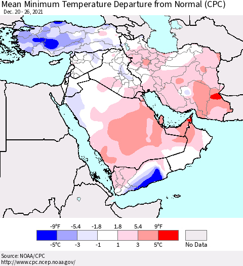 Middle East and Turkey Mean Minimum Temperature Departure from Normal (CPC) Thematic Map For 12/20/2021 - 12/26/2021