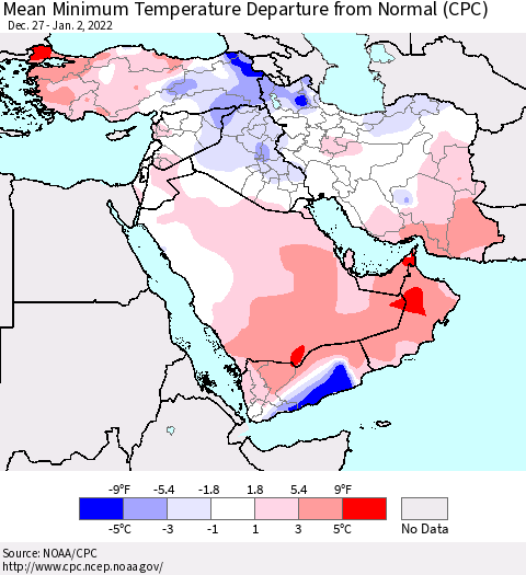 Middle East and Turkey Mean Minimum Temperature Departure from Normal (CPC) Thematic Map For 12/27/2021 - 1/2/2022