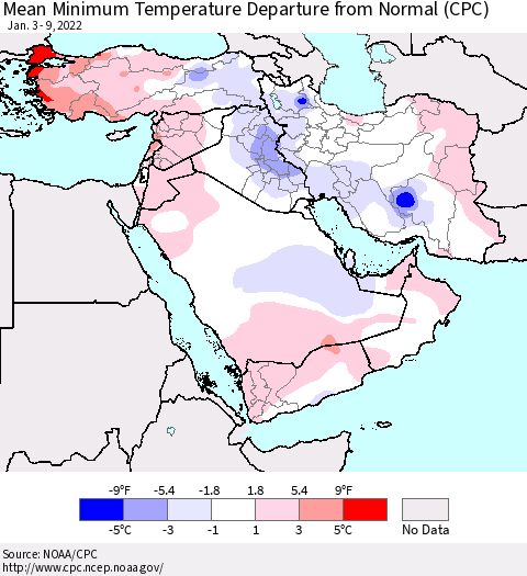 Middle East and Turkey Mean Minimum Temperature Departure from Normal (CPC) Thematic Map For 1/3/2022 - 1/9/2022