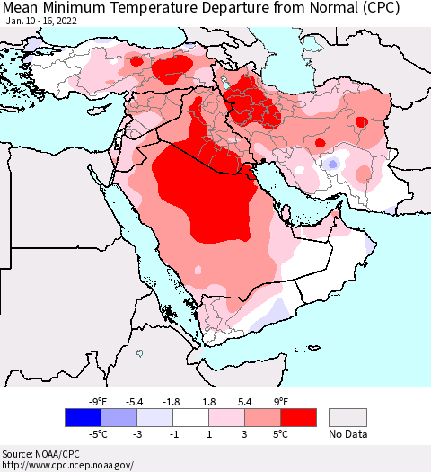 Middle East and Turkey Mean Minimum Temperature Departure from Normal (CPC) Thematic Map For 1/10/2022 - 1/16/2022