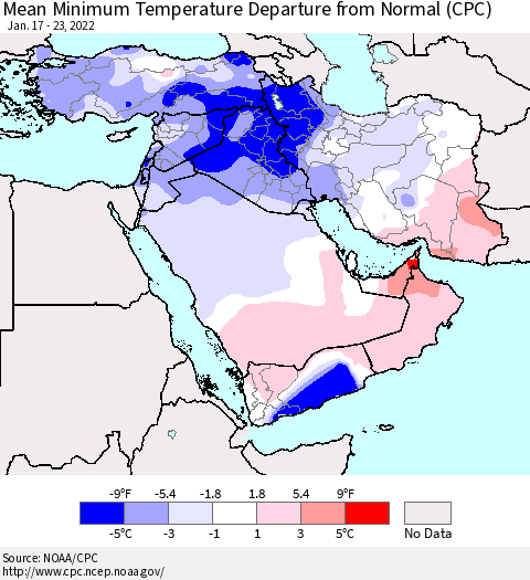 Middle East and Turkey Mean Minimum Temperature Departure from Normal (CPC) Thematic Map For 1/17/2022 - 1/23/2022