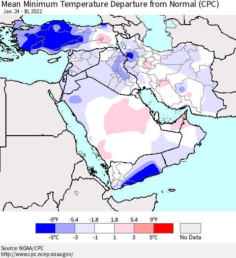 Middle East and Turkey Mean Minimum Temperature Departure from Normal (CPC) Thematic Map For 1/24/2022 - 1/30/2022