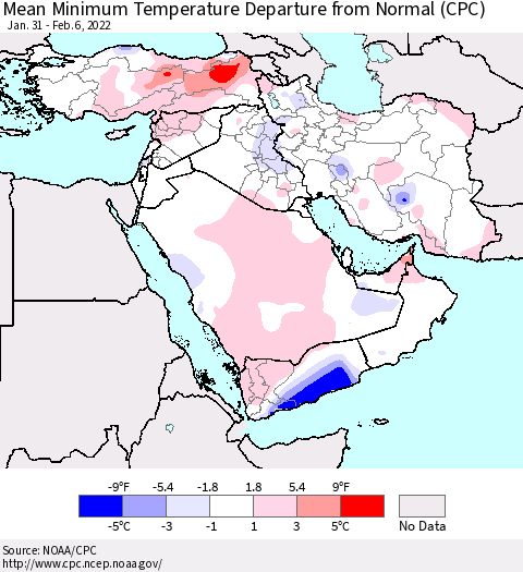 Middle East and Turkey Mean Minimum Temperature Departure from Normal (CPC) Thematic Map For 1/31/2022 - 2/6/2022
