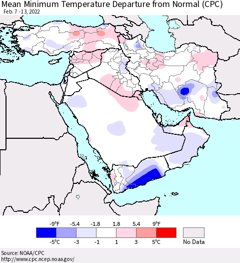 Middle East and Turkey Mean Minimum Temperature Departure from Normal (CPC) Thematic Map For 2/7/2022 - 2/13/2022