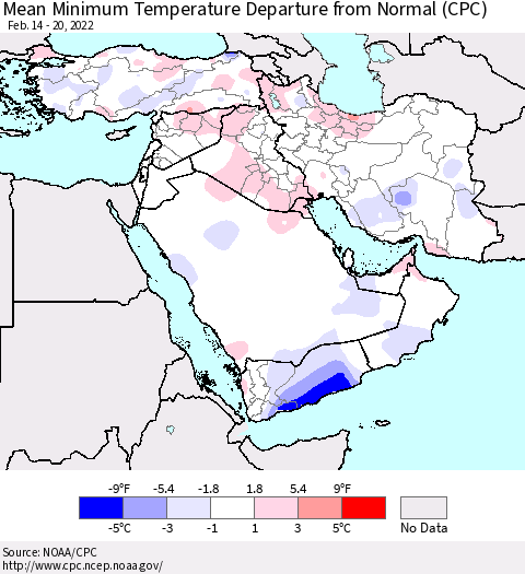 Middle East and Turkey Mean Minimum Temperature Departure from Normal (CPC) Thematic Map For 2/14/2022 - 2/20/2022