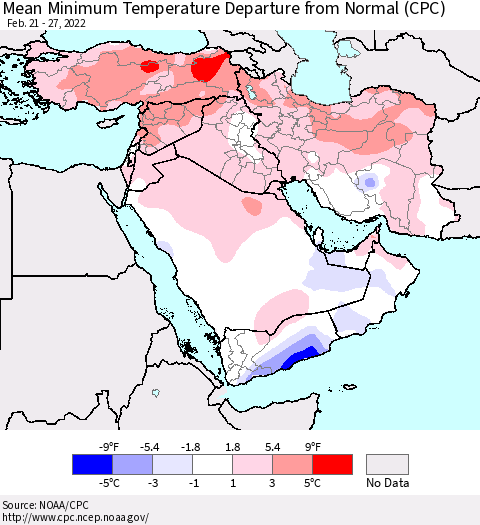 Middle East and Turkey Mean Minimum Temperature Departure from Normal (CPC) Thematic Map For 2/21/2022 - 2/27/2022