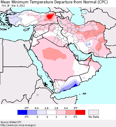 Middle East and Turkey Mean Minimum Temperature Departure from Normal (CPC) Thematic Map For 2/28/2022 - 3/6/2022