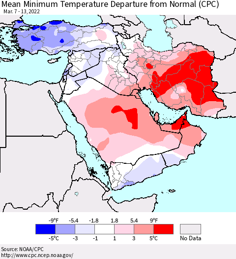 Middle East and Turkey Mean Minimum Temperature Departure from Normal (CPC) Thematic Map For 3/7/2022 - 3/13/2022