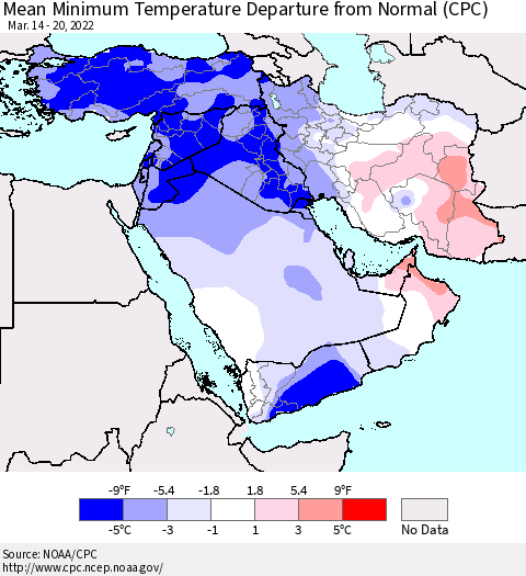 Middle East and Turkey Mean Minimum Temperature Departure from Normal (CPC) Thematic Map For 3/14/2022 - 3/20/2022