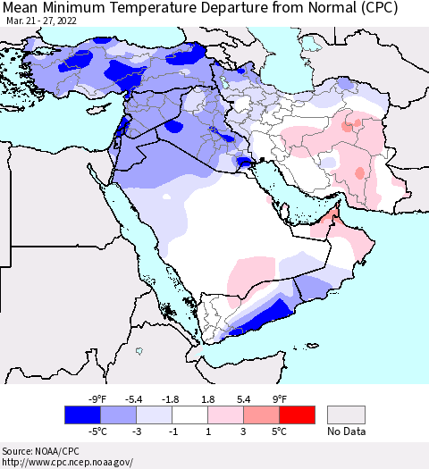 Middle East and Turkey Mean Minimum Temperature Departure from Normal (CPC) Thematic Map For 3/21/2022 - 3/27/2022