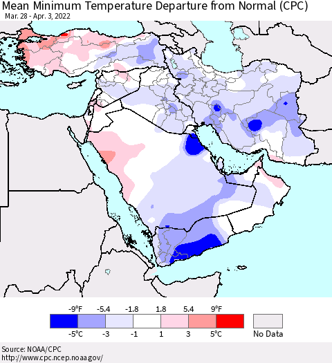Middle East and Turkey Mean Minimum Temperature Departure from Normal (CPC) Thematic Map For 3/28/2022 - 4/3/2022
