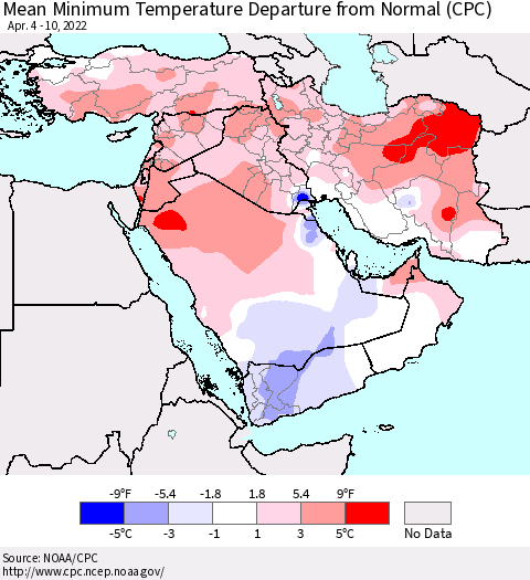 Middle East and Turkey Mean Minimum Temperature Departure from Normal (CPC) Thematic Map For 4/4/2022 - 4/10/2022