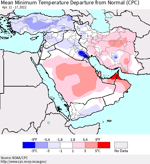 Middle East and Turkey Mean Minimum Temperature Departure from Normal (CPC) Thematic Map For 4/11/2022 - 4/17/2022