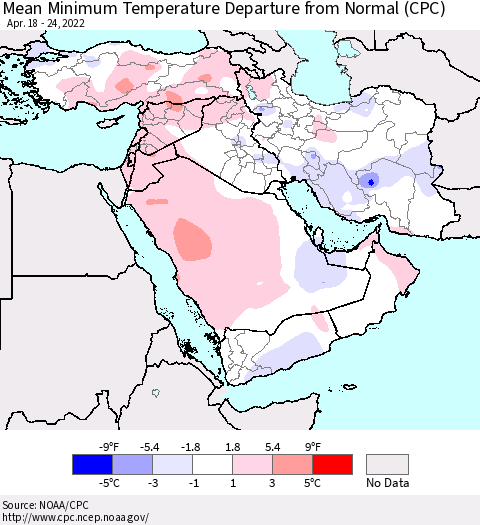 Middle East and Turkey Mean Minimum Temperature Departure from Normal (CPC) Thematic Map For 4/18/2022 - 4/24/2022