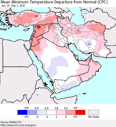 Middle East and Turkey Mean Minimum Temperature Departure from Normal (CPC) Thematic Map For 4/25/2022 - 5/1/2022