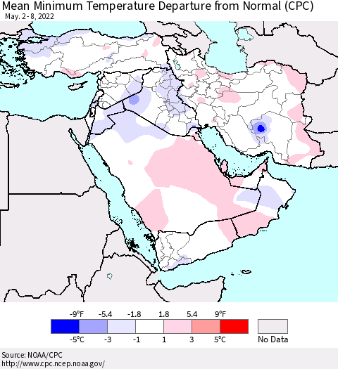 Middle East and Turkey Mean Minimum Temperature Departure from Normal (CPC) Thematic Map For 5/2/2022 - 5/8/2022