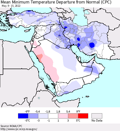 Middle East and Turkey Mean Minimum Temperature Departure from Normal (CPC) Thematic Map For 5/9/2022 - 5/15/2022