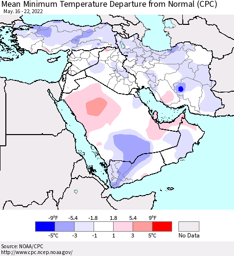 Middle East and Turkey Mean Minimum Temperature Departure from Normal (CPC) Thematic Map For 5/16/2022 - 5/22/2022