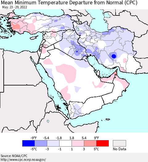 Middle East and Turkey Mean Minimum Temperature Departure from Normal (CPC) Thematic Map For 5/23/2022 - 5/29/2022