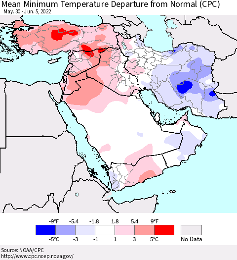 Middle East and Turkey Mean Minimum Temperature Departure from Normal (CPC) Thematic Map For 5/30/2022 - 6/5/2022