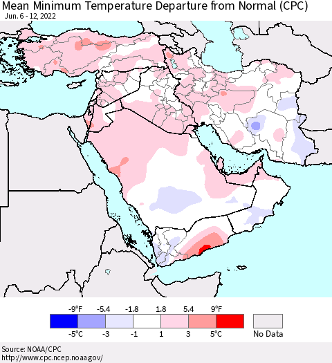 Middle East and Turkey Mean Minimum Temperature Departure from Normal (CPC) Thematic Map For 6/6/2022 - 6/12/2022