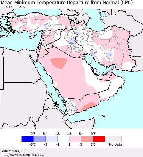 Middle East and Turkey Mean Minimum Temperature Departure from Normal (CPC) Thematic Map For 6/13/2022 - 6/19/2022