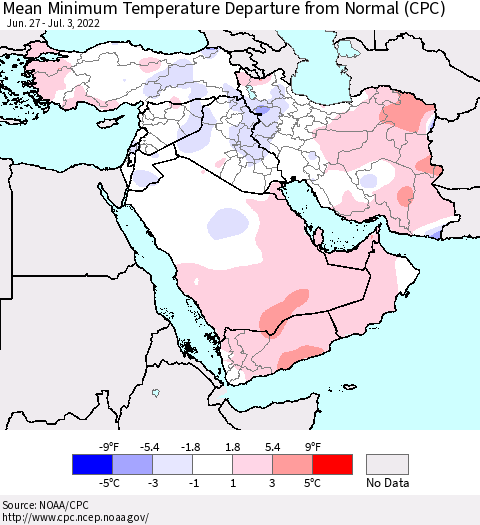 Middle East and Turkey Mean Minimum Temperature Departure from Normal (CPC) Thematic Map For 6/27/2022 - 7/3/2022