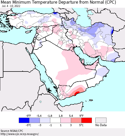 Middle East and Turkey Mean Minimum Temperature Departure from Normal (CPC) Thematic Map For 7/4/2022 - 7/10/2022