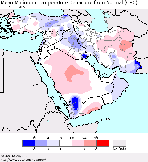 Middle East and Turkey Mean Minimum Temperature Departure from Normal (CPC) Thematic Map For 7/25/2022 - 7/31/2022