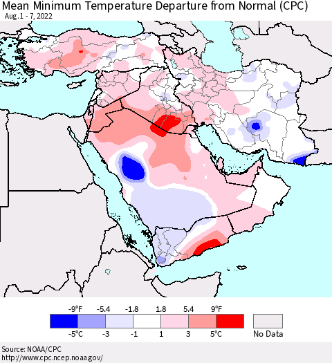 Middle East and Turkey Mean Minimum Temperature Departure from Normal (CPC) Thematic Map For 8/1/2022 - 8/7/2022