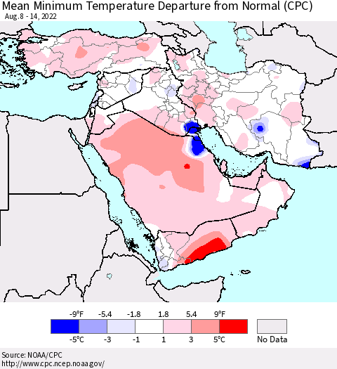 Middle East and Turkey Mean Minimum Temperature Departure from Normal (CPC) Thematic Map For 8/8/2022 - 8/14/2022
