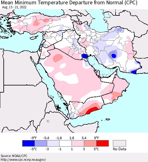 Middle East and Turkey Mean Minimum Temperature Departure from Normal (CPC) Thematic Map For 8/15/2022 - 8/21/2022